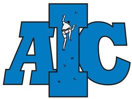 Blue "AIC" letters with a climber scaling the "I".