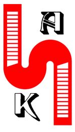 Rotes, geschwungenes Symbol mit schwarzen Buchstaben A und K auf weißem Hintergrund.