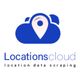 Blue cloud logo with a location pin, text reads "Locationscloud, location data scraping".