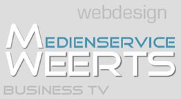 Text-Logo: "Mediendienst Weberts", "webdesign", "BUSINESS TV" in verschiedenen Schriftarten.