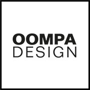 Logo mit dem Text "OOMPA DESIGN" in schwarzer Schrift auf weißem Hintergrund.