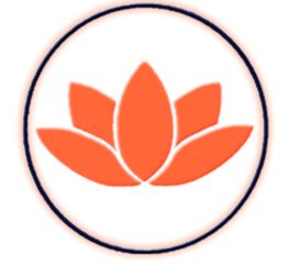 Orangefarbene Lotusblume in einem schwarzen Kreis auf weißem Hintergrund.