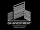 Logo mit stilisierten Gebäuden und Text "DK-INVESTMENT: Projektentwicklung - Immobilien, Grundstücke".