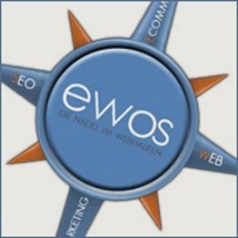 Logo mit blauer Kompassrose. Text: "ewos - Die Nadel im Wieshagen", umgeben von Marketing-Begriffen.