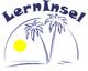 Logo mit "LernInsel", Palmen, einer gelben Sonne und blauen Linien, die Wellen symbolisieren.