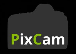 Logo mit Text "PixCam" in Grün und Weiß vor schwarzem Hintergrund mit Kamerasilhouette.