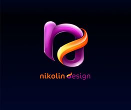 3D-Buchstabe "n" in lila und orange, mit Text "nikolin design" darunter, auf dunklem Hintergrund.