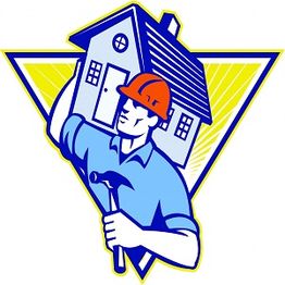 Worker holding a house on shoulder, wearing a hard hat and holding a hammer.