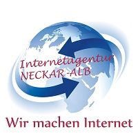 Eine Weltkugel mit Pfeilen, Text: "Internetagentur Neckar Alb, Wir machen Internet".