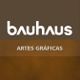 Logo com texto "bauhaus Artes Gráficas" em fundo marrom.