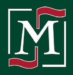 Letra "M" blanca en fondo verde con detalles rojos y blancos.