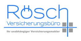 Rösch Versicherungsbüro-Logo mit Slogan "Ihr unabhängiger Versicherungsmakler" und grauen Quadraten.