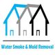 Three overlapping house icons with text: "Water Smoke & Mold Removal" in blue below.