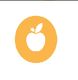 White apple silhouette on an orange circle background.
