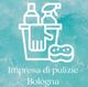 Secchio con prodotti per la pulizia su sfondo turchese. Testo: "Impresa di pulizie Bologna".