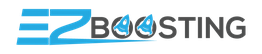 Logo with text "EZ Boosting," featuring blue graphics and water droplets on letters.