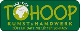 Grünes Logo mit "TOHOOP Fair Trade Kunst & Handwerk" in Gelb und Weltkugelmotiv.