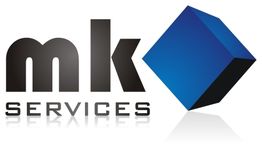Logo mit schwarzem "mk SERVICES" Text und einem blauen, dreidimensionalen Würfel rechts.