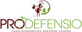 Logo von Prodefensio mit Ameise, Bäumen und dem Text "Schädlingsbekämpfung, Monitoring, Vorsorge".