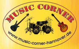 Logo mit Schlagzeug, Gitarren, und Text "Music Corner" sowie "www.music-corner-hannover.de".