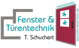 Logo mit Text "Fenster & Türentechnik T. Schuchert" und Grafik einer roten Tür.