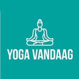 Turquoise achtergrond met witte yogapictogram en tekst "Yoga Vandaag".