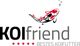 Ein Logo mit Koi-Fisch, Text "KOIfriend" und "BESTES KOIFUTTER", fünf rote Sterne darunter.