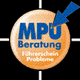 Kreis mit Pfeil: "MPU Beratung, Führerschein Probleme" auf orangefarbenem Hintergrund.