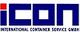 Logo von iCON, International Container Service GmbH, in Blau und Rot.
