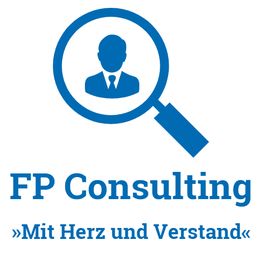 Lupe mit Personensymbol, Text: FP Consulting - "Mit Herz und Verstand".