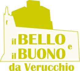 Sagoma gialla di Verucchio con scritta "Il bello e il buono da Verucchio" in giallo e verde.