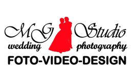 Logo mit Brautpaar und Text: "MG Studio wedding photography FOTO-VIDEO-DESIGN".