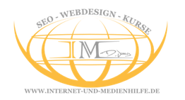 Logo mit der Aufschrift "SEO - Webdesign - Kurse" und der Website "www.internet-und-medienhilfe.de".