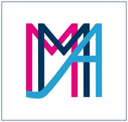Logo mit stilisiertem M in Blau, Pink und Türkis, vor weißem Hintergrund.