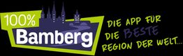 Grafik mit Schriftzug "100% Bamberg, Die App für die beste Region der Welt" und Skyline-Silhouette.