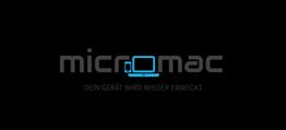 Schwarzer Hintergrund, silberner Schriftzug "micromac" und Text "DEIN GERÄT WIRD WIEDER ERWECKT."