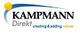 KAMPANN Logo mit Slogan "creating & adding values" und gelb-blauem Designelement.