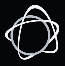 Um logo abstrato com círculos interligados em fundo preto.