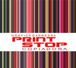 Faixas coloridas verticais com texto central: "Gráfica Expressa Print Stop Copiadora".