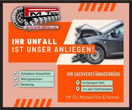 PM Tec-Werbung mit Auto-Unfallbild, Prüfberichte, Beratung; Büros in Kempen und Leer/Ostfriesland.