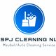Blauw logo van SPJ Cleaning NL met pictogram van bezem en emmer. Tekst: Meubel/Auto Cleaning Service.