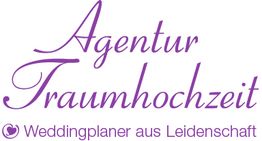 Logo mit der Aufschrift "Agentur Traumhochzeit" und "Weddingplaner aus Leidenschaft" in Lila.