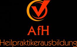 Logo mit Text "AfH Heilpraktikerausbildung", schwarzer Hintergrund, rote und orange Schrift.