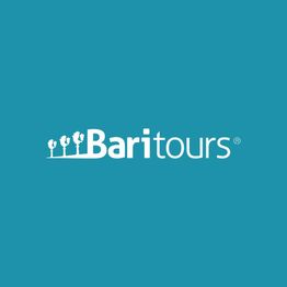 Logo di "Baritours" su sfondo blu con silhouette di alberi bianchi.