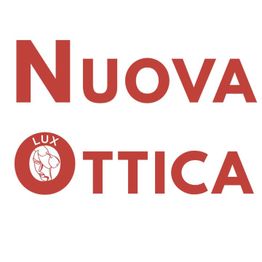 Logo rosso con testo "Nuova Ottica", include un cerchio con la scritta "Lux" e un motivo stilizzato.