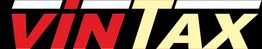Schriftzug "vintax" in Rot und Gelb auf schwarzem Hintergrund, mit stilisierten Streifen oben.