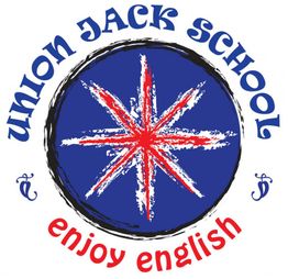 Logotipo con estrella roja azul, texto "Union Jack School" y "enjoy English".