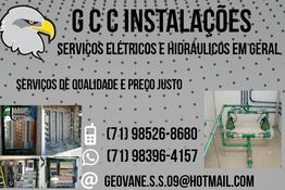 GCC Instalações: serviços elétricos e hidráulicos, com contatos de telefone e e-mail destacados.