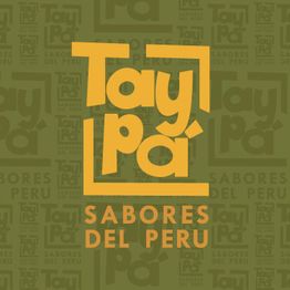 Logotipo com as palavras "Taypá Sabores del Peru" em amarelo sobre fundo verde.