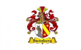 Wappen mit rotem, gelbem Muster, Eule und Helm, darunter der Name "Steinbers" auf einem Banner.